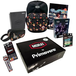 Caja MORAT Flores en Negro | Cuaderno + Morral + Cartuchera + Planeador + Útiles + Afiche